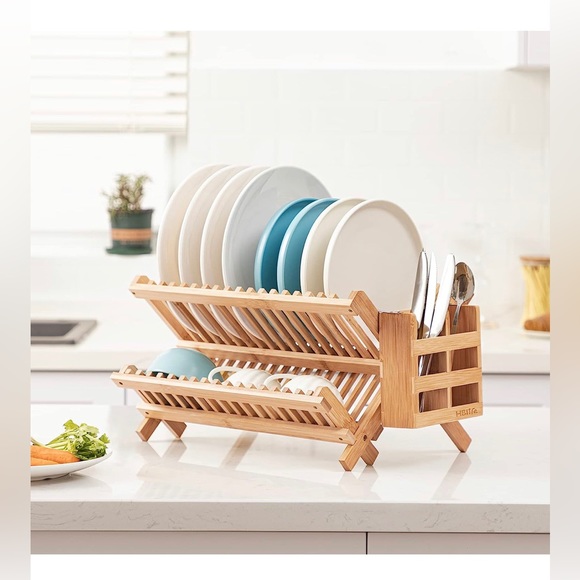 HBlife Dish Rack, Bamboo Folding 2-Tier Collapsible Drainer Dish Drying Rack - Picture 2 of 6